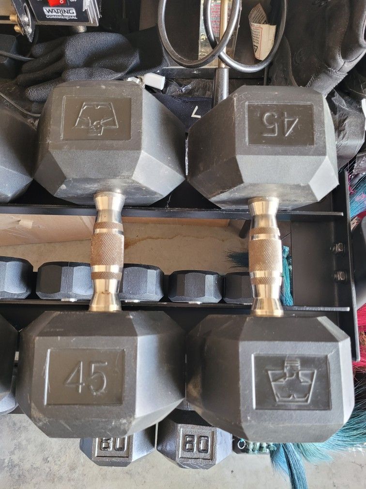 Rubber Coated Hex Dumbbells (2x45Lbs) for $90 Firm (WALNUT 91789)