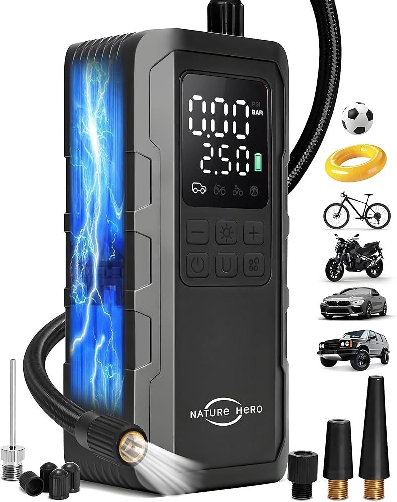 Tire Inflator Portable Air Compressor and Power Bank - 150PSI Compressor Portable Tire Inflator for Car, Motorcycle, Bicycle, Balls - Car Air Pump,Bla