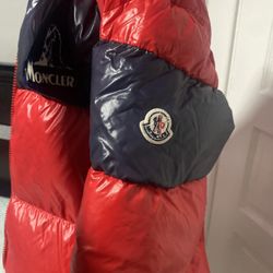 Moncler puffer coat blue and red