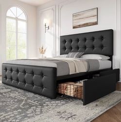 Black Tufted Upholstered Bed Frame with Storage Drawers