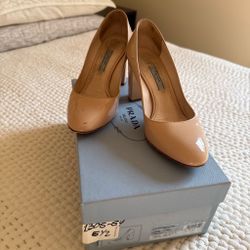 Prada Nude Patent Leather Block Heel Pumps