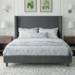 Queen Bed Frame, Upholstered Platform Bed, Adjustable Vertical Channel Tufted Headboard, Corduroy Fabric. - Gray