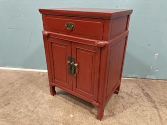 Antique Red Chinoserie Single Drawer Accent Cabinet with Brass Hardware