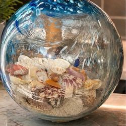 Hand Blown Glass Sea Globe With Sand & Seashells Blue, Teal & Sparkling Green