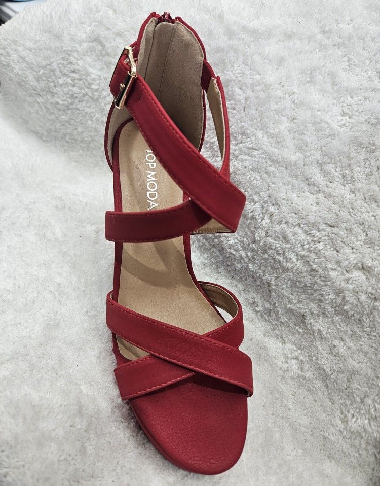 Woman's Red Heels. Platform, Soft Leather, Open Toe, Thick Heel