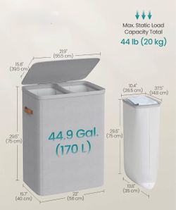 SONGMICS 170L Laundry Hamper Basket w/ Lid & 2 Removable Bags - Gray