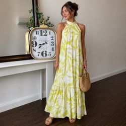 Cynthia Steffe Floral Halter Maxi Dress L White Lime Green Tropical Resort Dress