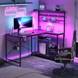 1724b  42 L Gaming Desk,Computer Desk with Power Outlets, LED Lights, Reversible Corner Desk with 4-Tier Shelves,Cup Holder & Hook Carbon Fiber Black