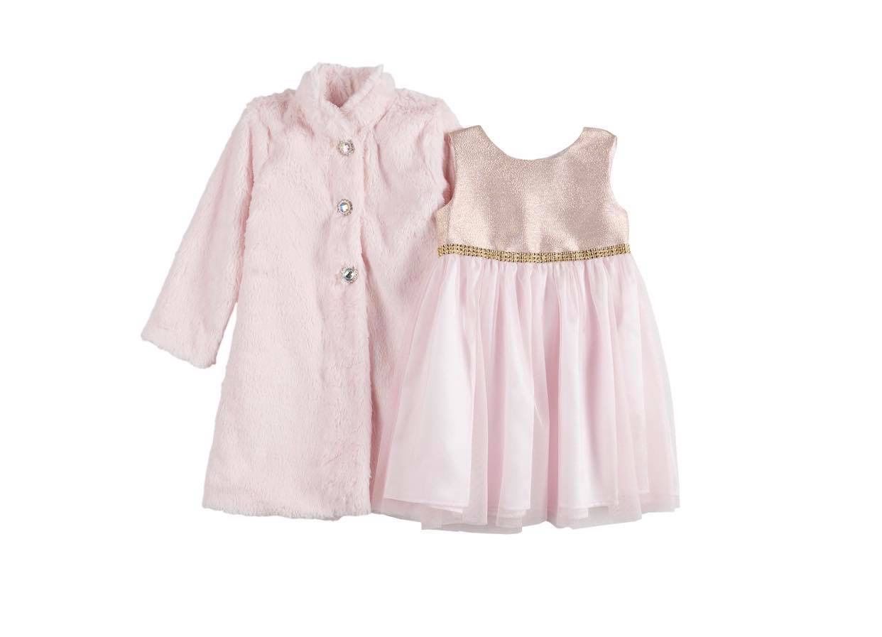 PINK CUTE DRESS & FUR COAT SET 2T (NEW)