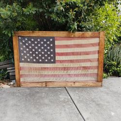 Vintage American Flag with Embroidered Stars Framed In Rustic Frame Large 60" W