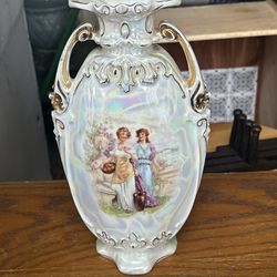 Vintage Porcelain Vase - Blue & White Floral Design - 12" Tall