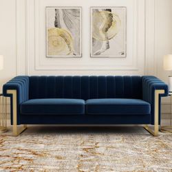 Blue Velvet Couch Sofa, 84in Wide