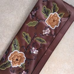 Vintage Brown Satin Evening Clutch Embroidered Flowers Beaded Sequins Floral Elegant Bag