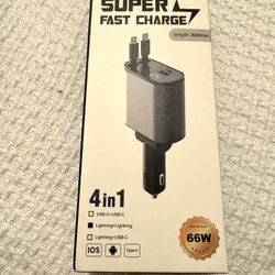 EloBeth 4-in-1 Car Charger. Power: Supports 66W super-fast charging. Connectivity: Includes multiple connectors (USB-C and Lightning) to charge up to 