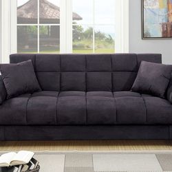 Sofa Bed Ebony Microfiber, Solid Wood, Others. Wooden Legs. Storage Seat. 87"x36"-45"x36"h. Accent Pillows Included.  New Especial Price 