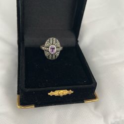 Estate  natural purple amethyst crystal 925 sterling silver solitaire ring sz 7