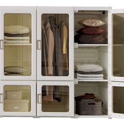 Portable Closet Clothes Wardrobe Plastic Bedroom Armoire Depth Cube Storage Organizer with Hanging Rod and Doors 4-15 Cubes White (Transparent Door-Cl