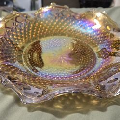 Vintage Indiana Glass Windsor Amber Iridescent 10" Crimped Round Bowl 