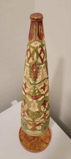 Vintage Hand-Carved Wooden Christmas Tree Decoration, Gilded Red & Green Holiday Decor, 21" Tall