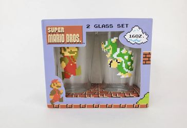 Nintendo Super Mario Bros Nes Logo 16 Oz 2-Pint Glass Set 8-Bit Mario & Bowser