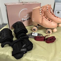 C7 Skates Peachy Keen Women’s Size 10 Men’s Size 9. 58mm 83A Wheels, Additional leopard Laces, Ruby Red Laces, and Elbow, Knee, And Wrist Pads