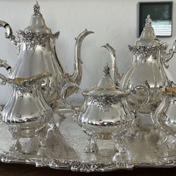 Stunning Vintage Tea set  Baroque by Wallace silver older silver plated 6 piece Set plus additional Wallace accessory pieces 