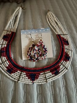Red White Blue Beaded Necklace w/Earrings-NEW
