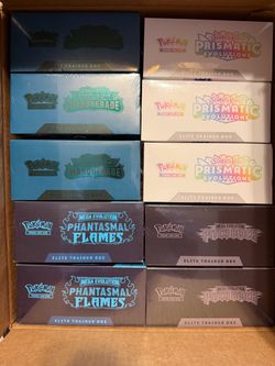Pokemon ETB phantasmal flames , prismatic evolution , twilight , chaos rising  etc , Mini tin , ex boxes