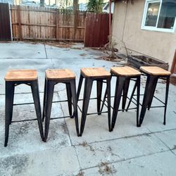 30” Stackable Metal Bar Stools Wood Seats - Set of 5, Industrial