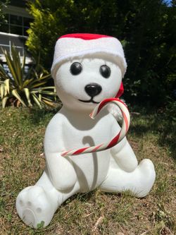 18” White Christmas Bear Cub w/Candy Cane & Hat Blow Mold-Vintage