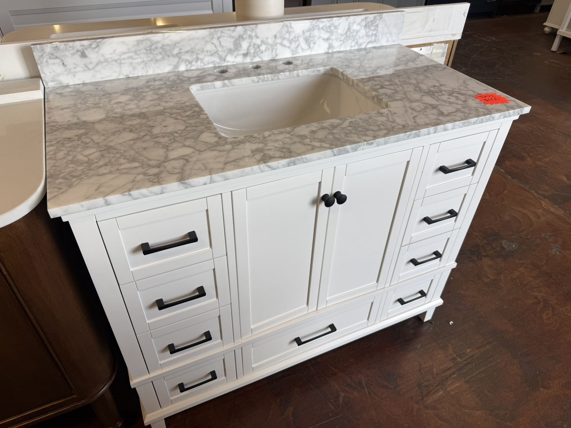 Merryfield 43 in. Single Sink White Bath Vanity with White Carrara Marble Top