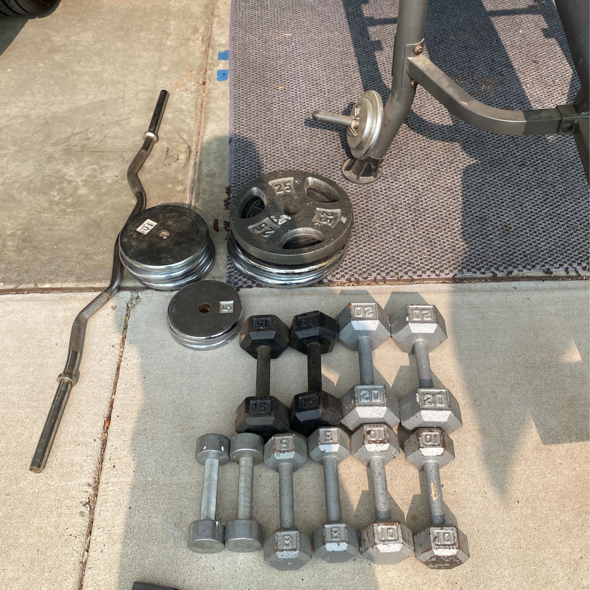 Weight Set , Weight Bench, Curl Bar Ankle Weights & 