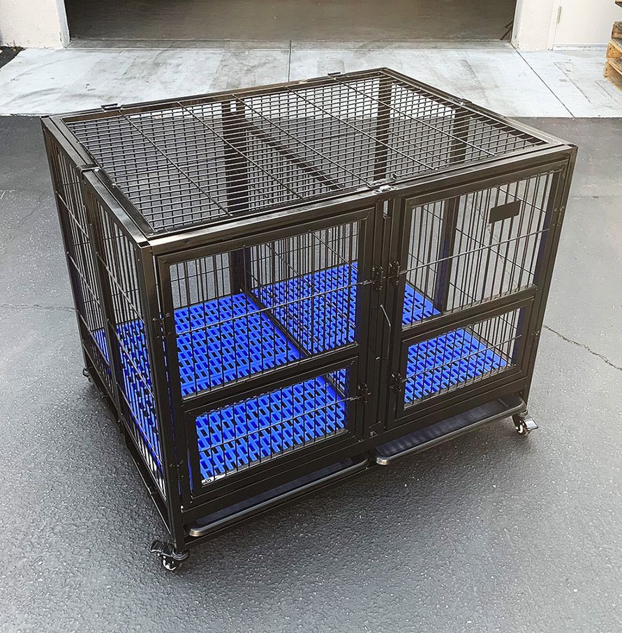 $165 (Brand New) Folding heavy duty dog cage 41x31x34” double-door stackable kennel w/ divider, plastic tray 