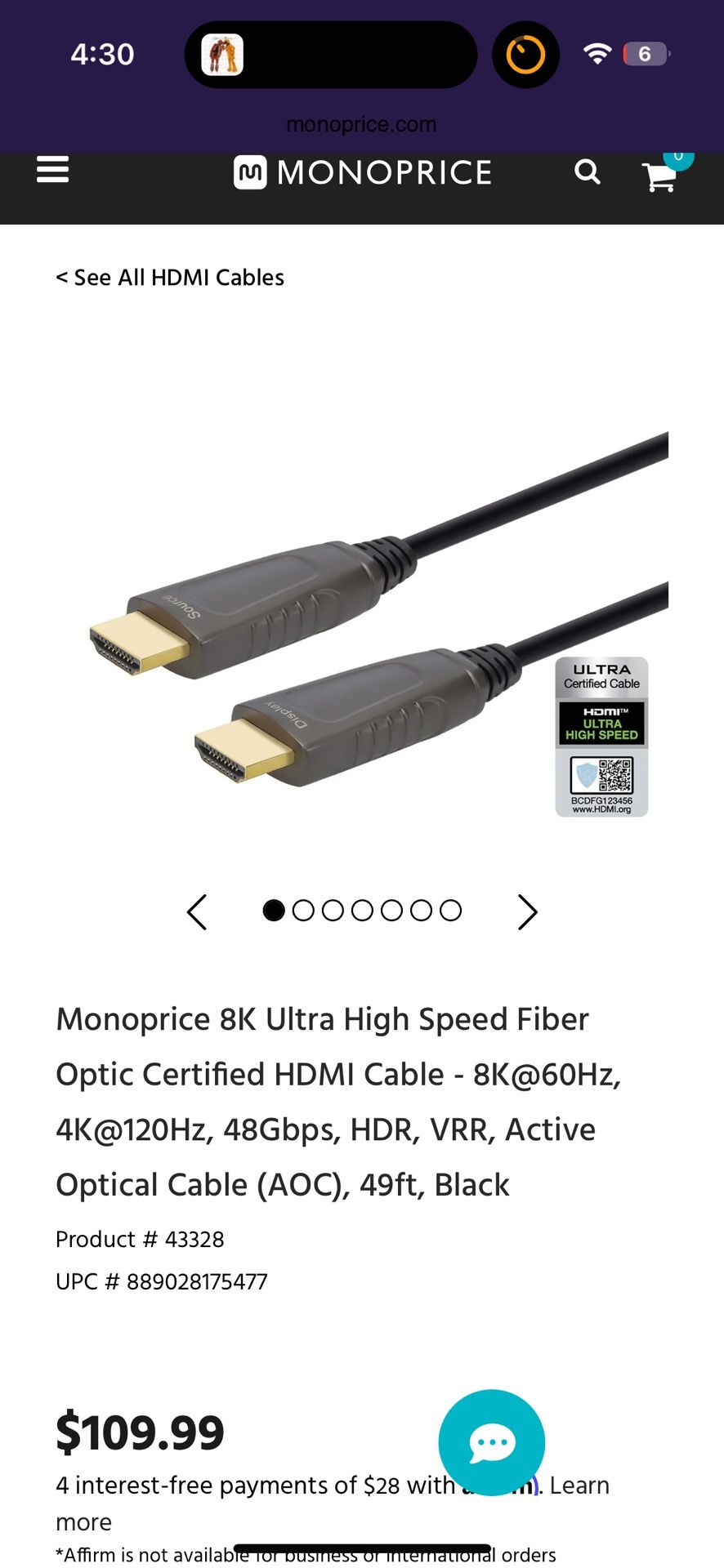 49’ 8K Slim HDMI 2.1 cable By Monoprice - MORE THAN HALF OFF