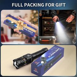 Rechargeable Flashlights High Lumens 10000 Long Distance, Super Bright LED Flash Light Long Lasting USB C LCD Display, Double Light Source & Buttons w