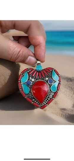 Stunning & Handcrafted Heart Shape Navajo Style Pendant With Coral,Turquoise Set In Silver 49grams