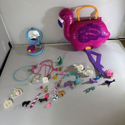 Polly Pocket Flamingo Purse Playset with Figures & Accessories Lot