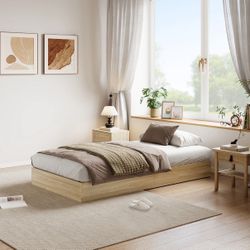 Garvee Minimalist Wooden Platform Bed Frame – Sturdy Floor-Standing, Wood Slats, Space-Saving, No Box Spring, Easy Assembly, Noise-Free – Twin Size – 