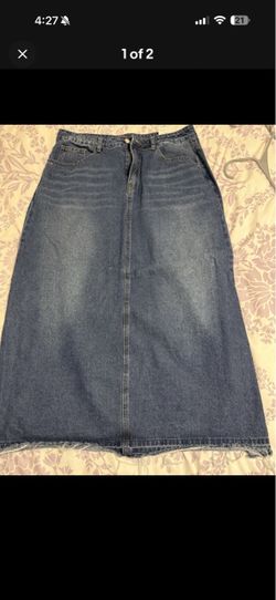 SheIn Women's Blue Solid Denim Midi Skirt XL Regular Button Closure