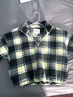 American Eagle Plaid Fleece Quarter-Zip Crop Top