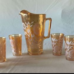 Vintage Jeanette Marigold Iridescent Carnival Glass Pitcher & 6 Glasses Set