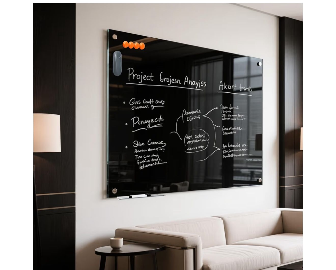 Glass Dry Erase Black Board - Magnetic Blackboard 48"X36" Frameless Whiteboard Clear Glass Boards with Super Strong Magnets, Wall Mounted for Office, 