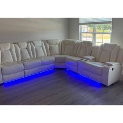 Modern white breathing leather power recliner sectional w/ LED on bottom