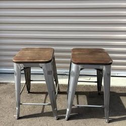 Industrial Metal Counter Stools with Wood Seats (Set of 2)