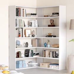 MXV 71.5" Tall L-Shaped Corner Bookshelf, 6-Tier 35.2" Wide Wooden Bookcase with Storage Organizer, Display Shelf for Home, Office, Living Room (35.2"