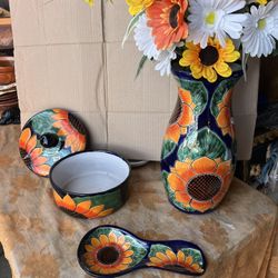 Home Decor 3 Pieces Tortilla Warmer -spoon Holder - 14” Flower Vase 