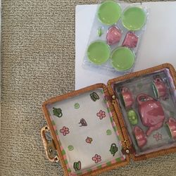 New vintage pink & pale green tea set in a wicker case