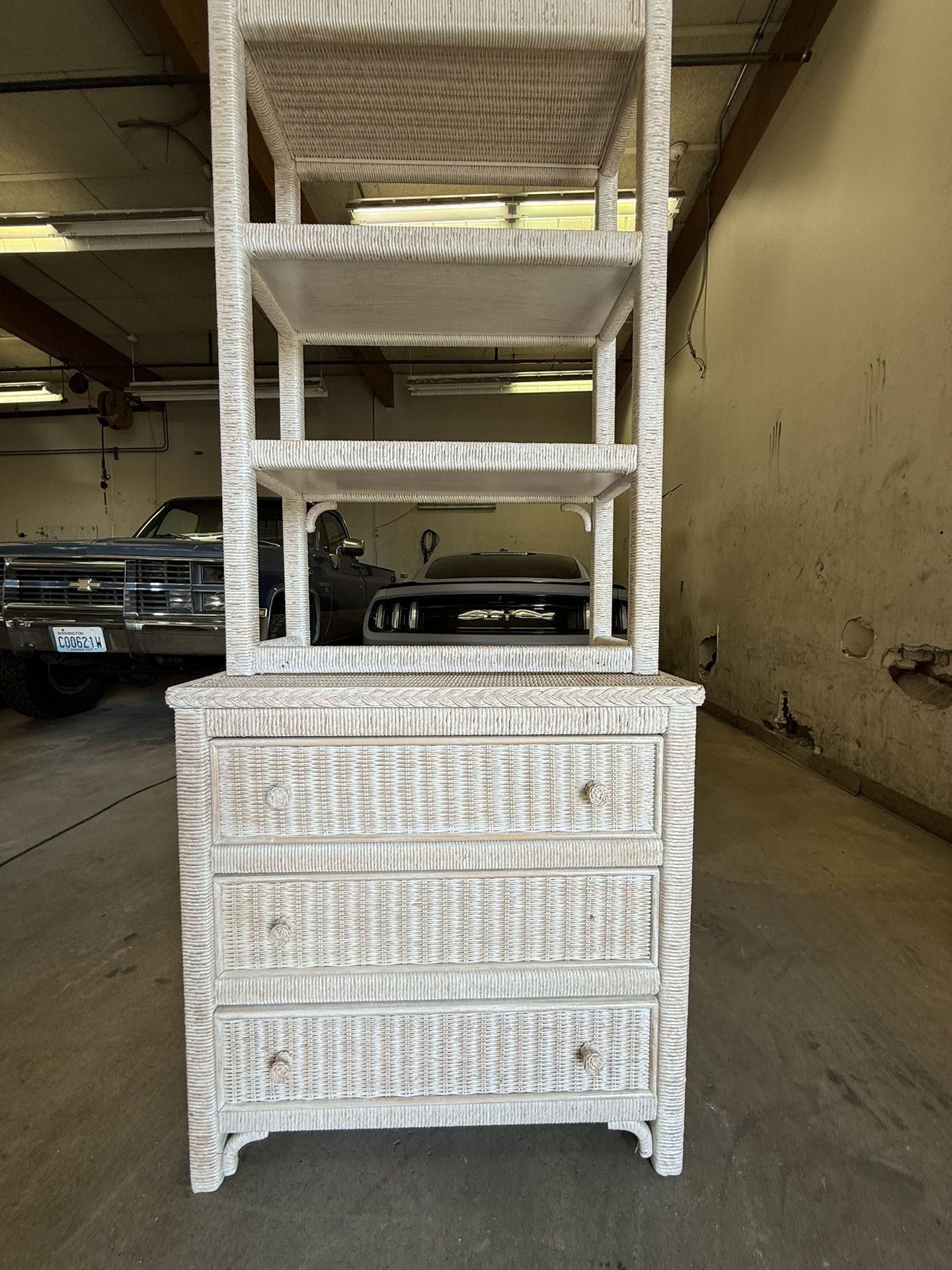 Boho Chic Whitewashed 1980S Henry Link, Wicker Dresser, Bookshelf By Lexington