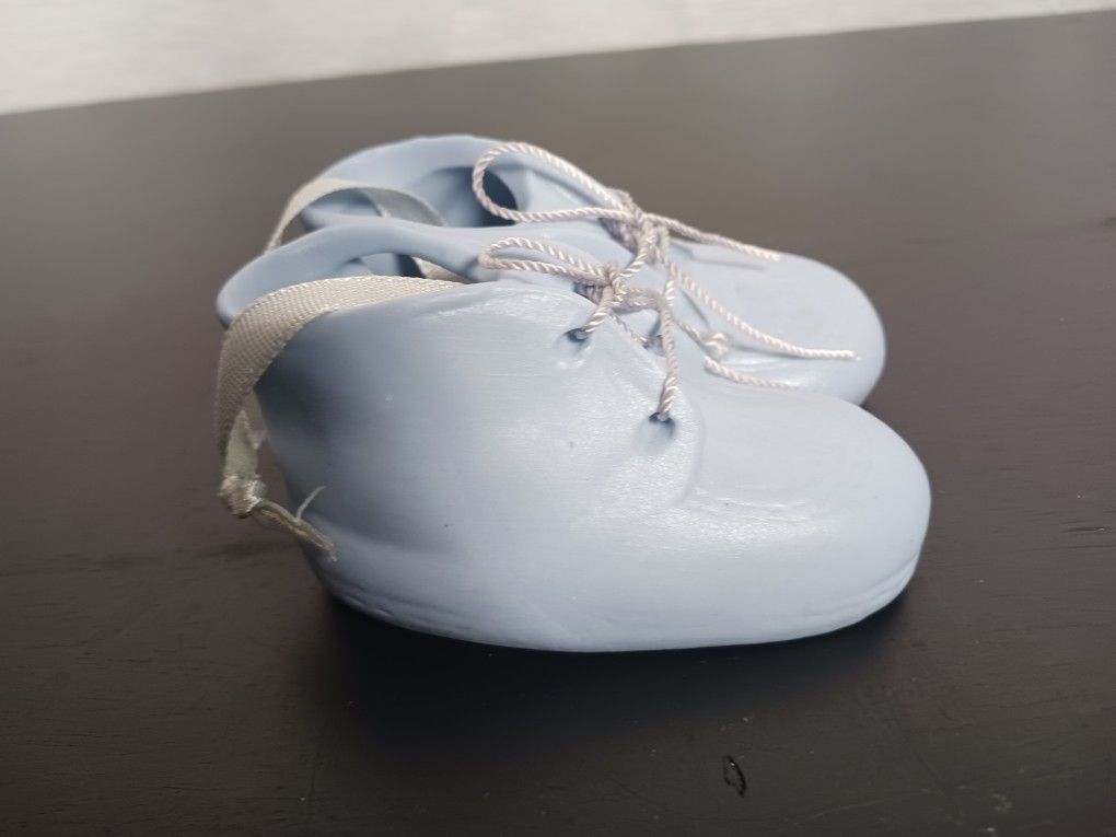 Vintage Christmas Tree Ornament Ceramic Baby Booties Shoes Blue 3" Ribbon Hanger