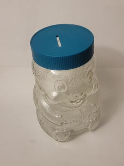 Clear Glass Bear Coin Bank with Blue Lid
